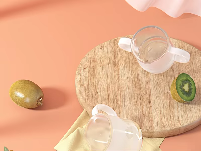 Glass Cups And Kiwis On Wooden Tray With Light Yellow Cloth And Peach Background 3d model