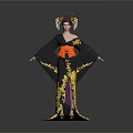 Woman Dressed In Traditional Black Kimono With Yellow Floral Patterns And Orange Obi