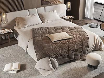 Modern Elegant Double Bed with Beige Pillows Brown Quilt Nightstand and Table Lamp Rug 3d model