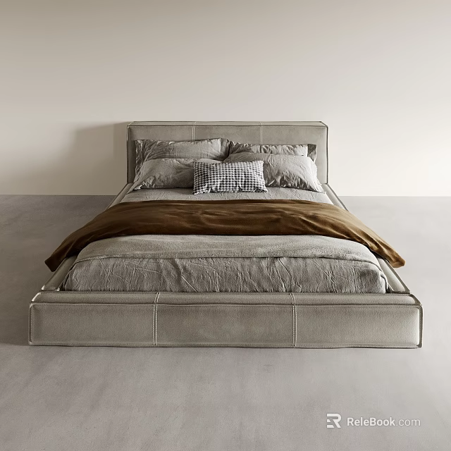 Minimalist Double Bed With Gray Leather Headboard Gray Pillows Plaid Pillow And Brown Blanket 3d model 