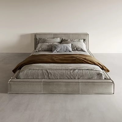 Minimalist Double Bed With Gray Leather Headboard Gray Pillows Plaid Pillow And Brown Blanket 3d model
