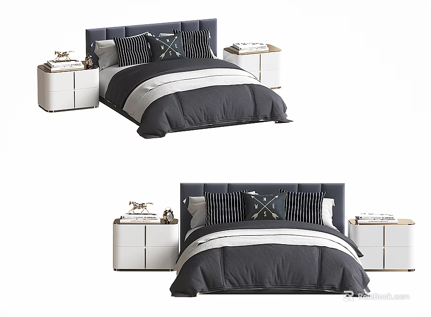 Modern Double Bed with Gray and White Bedding Dark Headboard and White Nightstands 3d model