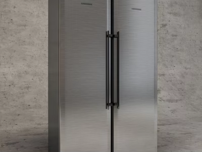 Modern Silver Double Door Refrigerator With Black Handles Against Concrete Wall 3d model