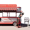 Red and White Mobile Food Truck With Fruity Fritters Sign Awning and Balloons