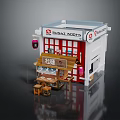 Cartoon Scene of Sushi Shop Model with Red Facade Wooden Signboard and Outdoor Tables Chairs