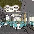 Elegant Banquet Hall Interior Featuring White Tablecloths Blue Chairs Modern Chandeliers And Decorative Paintings