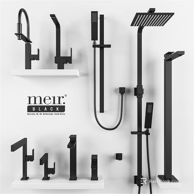 Meir Black Faucet Collection Featuring Modern Bathroom Kitchen Fixtures And Components 3d model 