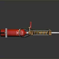 Red Weapon with Black Handle Yellow Spring and Metal Structure on Reflective Surface 3d model