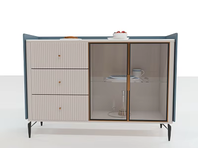 Modern Sideboard Featuring Beige Drawers Navy Frame Glass Door Cabinet And Tray With Red Fruits 3d model