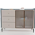 Modern Sideboard Featuring Beige Drawers Navy Frame Glass Door Cabinet And Tray With Red Fruits