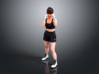 Man in Black Sportswear with Boxing Gloves Ready to Box in Gray Background 3d model