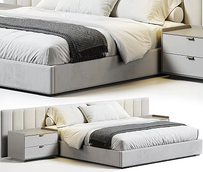 Modern Double Bed With Velvet Frame White Linens Gray Throw And Bedside Table Drawers 3d model