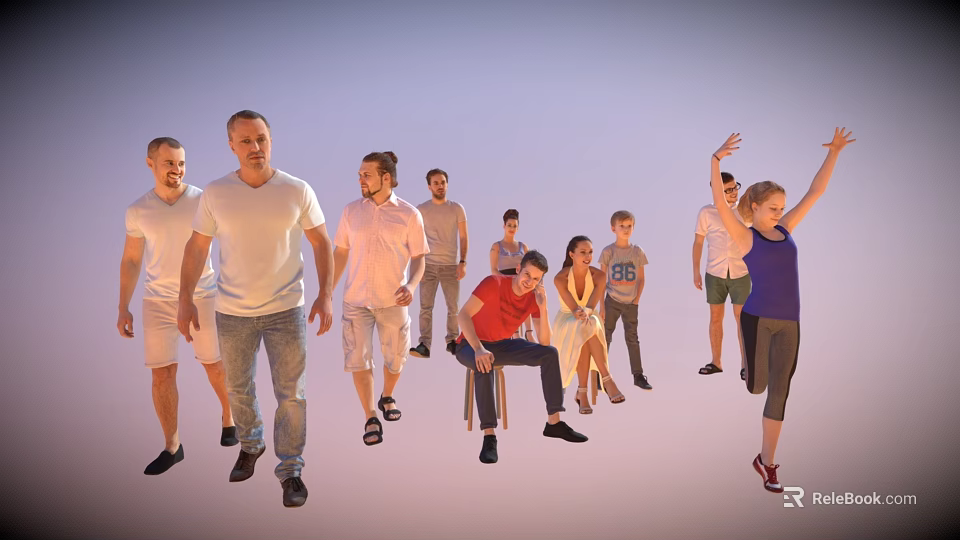 Diverse Group Of People In Casual Clothes With Walking Sitting Jumping Activities On Light Background 3d model 