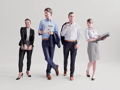 Group of Business Professionals in Formal Attire Standing Together Holding Documents Tablet against White Background 3d model