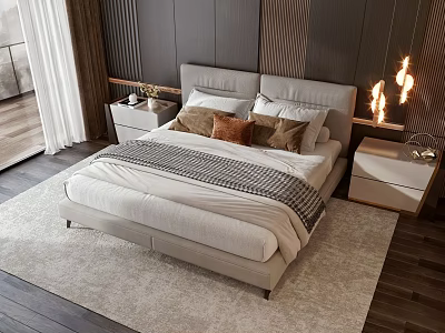 Modern Double Bed With Striped Blanket Decorative Pillows And Fireplace 3d model