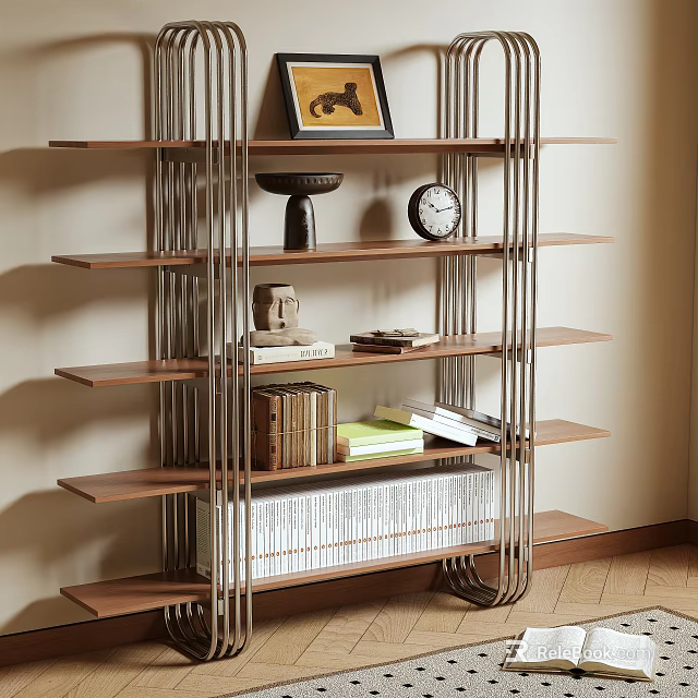 Modern Bookshelf with Wooden Shelves Metal Frame Books Clock and Decorative Items 3d model 