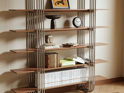 Modern Bookshelf with Wooden Shelves Metal Frame Books Clock and Decorative Items 3d model