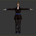 Red Haired Female Character In Brown Suit With Blue Details Standing With Arms Outstretched
