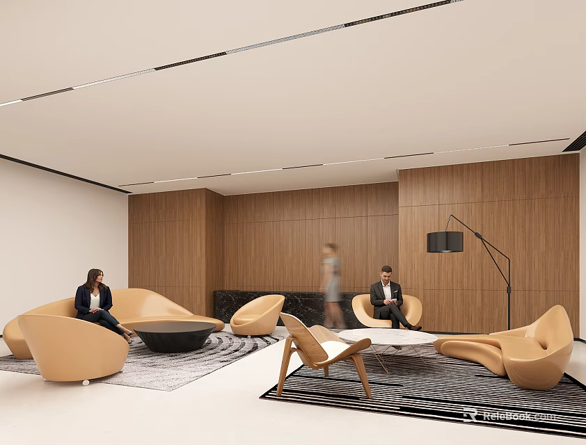 Modern Office Lounge Space With Beige Armchairs Round Coffee Table Wooden Panel Walls And Area Rug 3d model 