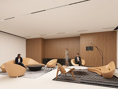 Modern Office Lounge Space With Beige Armchairs Round Coffee Table Wooden Panel Walls And Area Rug 3d model