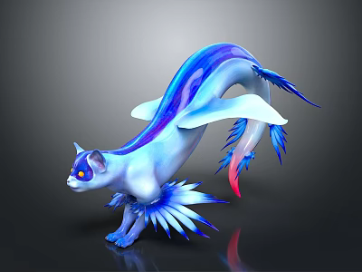 Fantasy Animal with Cat Head Fish Body Blue Purple White Iridescent Shiny Wings and Fins 3d model