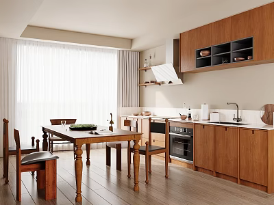 Cozy Modern Kitchen With Wooden Cabinets Dining Table Chairs And Natural Light 3d model
