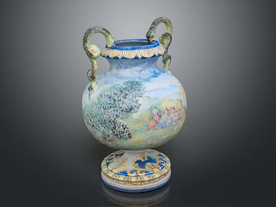 Ornate Furniture Vase With Double Snake Handles Colorful Painted Scenes And Decorative Base 3d model