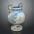 Ornate Furniture Vase With Double Snake Handles Colorful Painted Scenes And Decorative Base