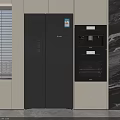 Modern Kitchen Interior Design With Built In Dark Double Door Refrigerator And Oven