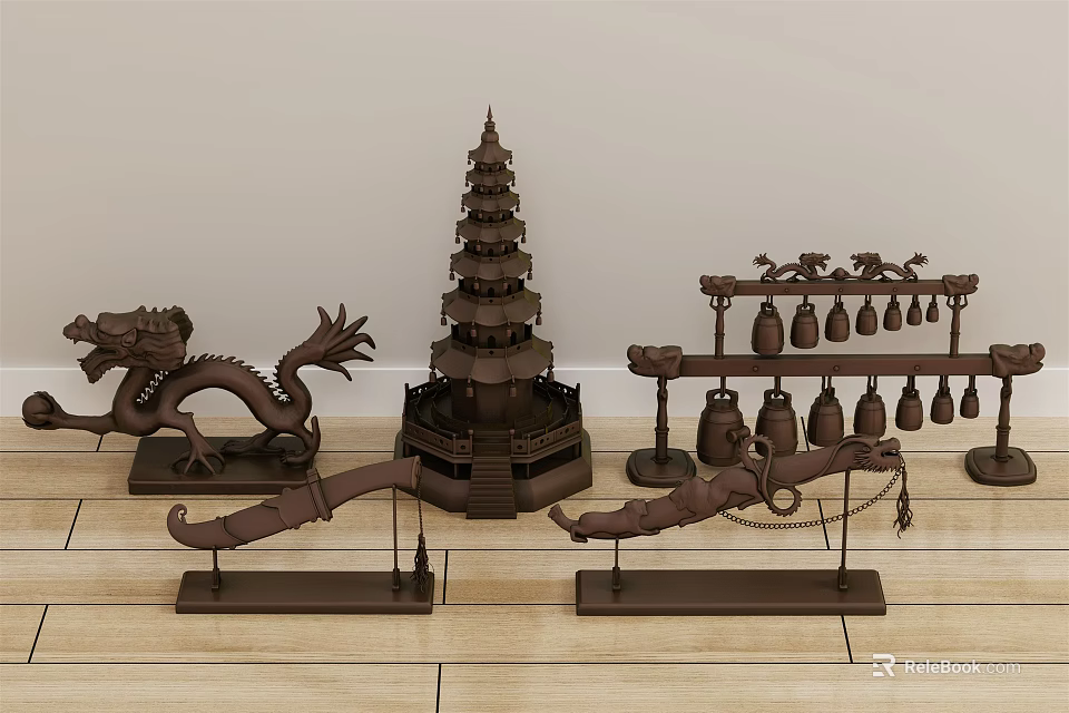 Traditional Chinese Decorative Ornament Set With Dragon Shaped Pagoda And Chimes On Wooden Surface 3d model 