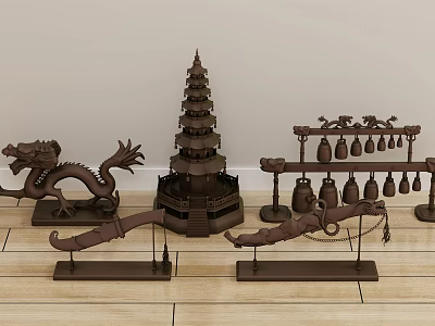 Traditional Chinese Decorative Ornament Set With Dragon Shaped Pagoda And Chimes On Wooden Surface 3d model