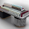 Modern Retail Display Shelf With Multicolored Cosmetic Products And Striped Pillars