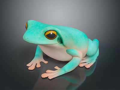 Turquoise Green Frog With Yellow Eyes White Underbelly And Pink Toes On Dark Reflective Surface 3d model