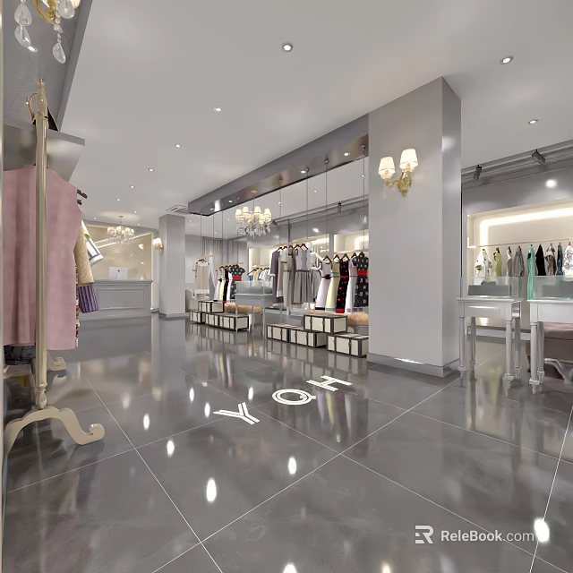 Modern Clothing Store Interior With Display Racks Hanging Apparel Chandeliers And Polished Floor 3d model 