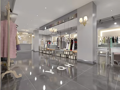 Modern Clothing Store Interior With Display Racks Hanging Apparel Chandeliers And Polished Floor 3d model