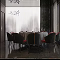 Elegant Private Dining Room Interior With Red Walls Dark Wood Sofa And Round Table