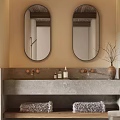 Hotel Bathroom Interior With Double Oval Mirrors Stone Sink Counter Wooden Accents And Toiletries