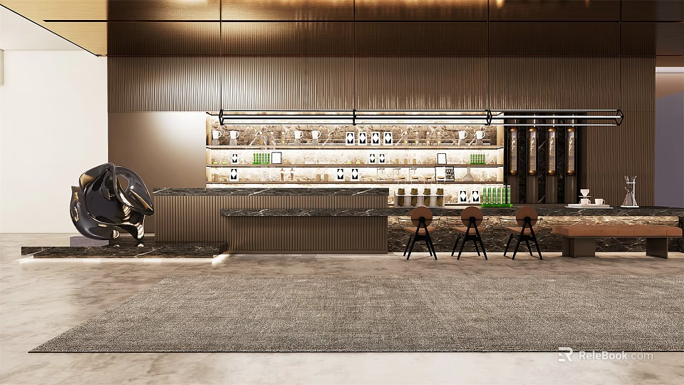 Modern Sales Office Interior With Reception Counter Display Shelves And Bar Stools 3d model 