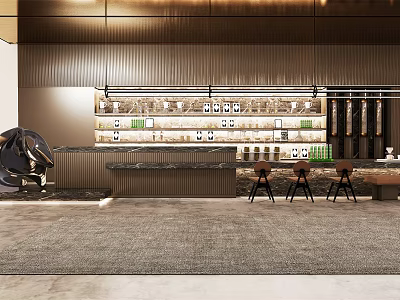 Modern Sales Office Interior With Reception Counter Display Shelves And Bar Stools 3d model
