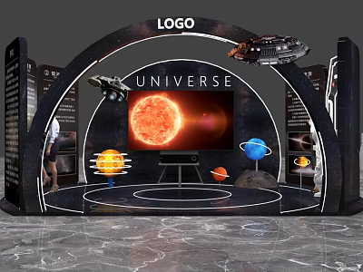 Universe Themed Exhibition Display With Sun Planets Models And Logo Design 3d model