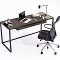 Modern Wooden Office Desk With Metal Frame Laptop Desk Lamp Coffee Cup And Office Chair
