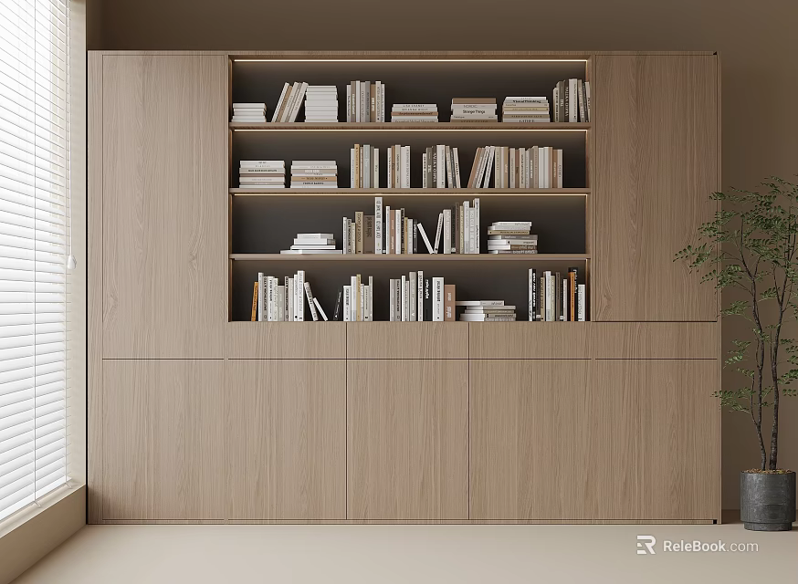 Modern Wooden Bookshelf With Multiple Shelves Filled With Books And Natural Light 3d model 