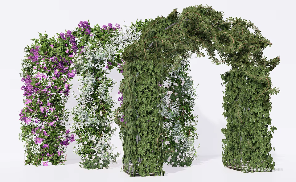 Living Plant Wall Archway With Purple White Flowers And Green Vines 3d model 