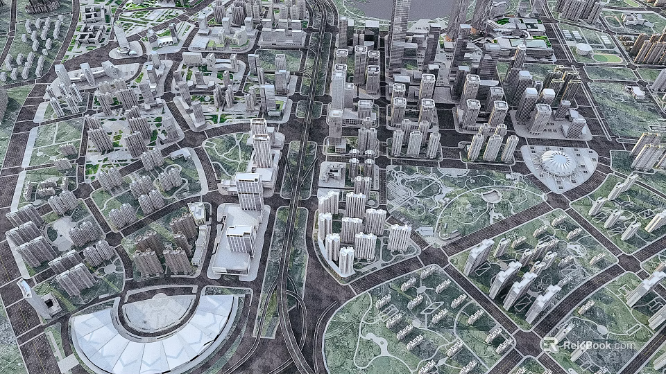 Aerial Urban Planning View Featuring High Rise Buildings Road Networks And Green Spaces 3d model 