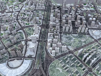 Aerial Urban Planning View Featuring High Rise Buildings Road Networks And Green Spaces 3d model