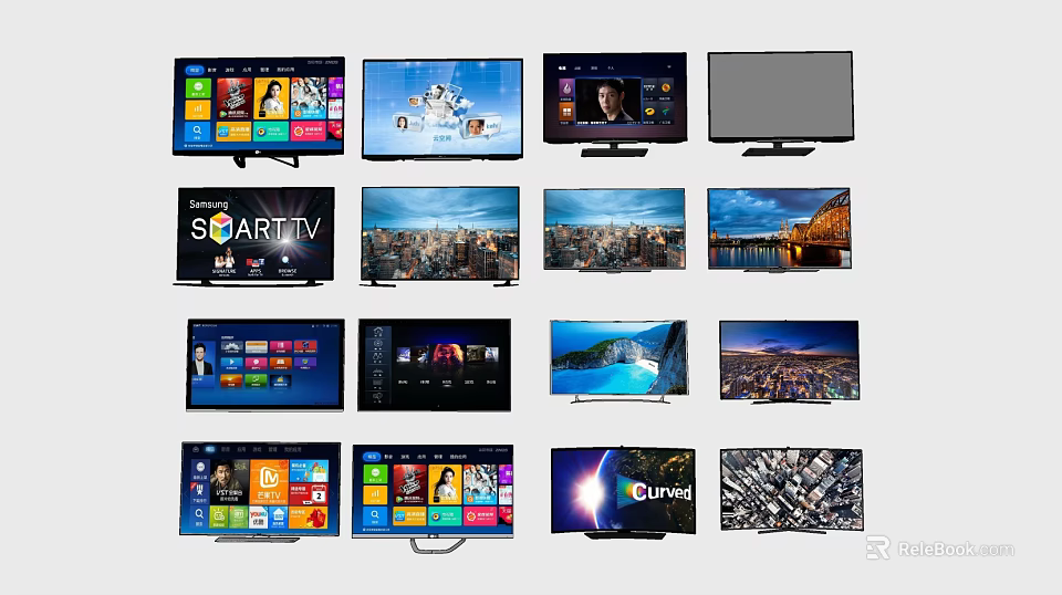 Televisions With Various Screen Displays Including Landscapes Portraits And Interfaces 3d model