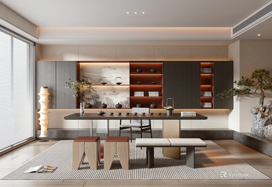 Modern Chinese Tea Room Interior Design With Wooden Long Table Stools Bookshelves And Decorative Plants 3d model 