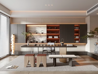 Modern Chinese Tea Room Interior Design With Wooden Long Table Stools Bookshelves And Decorative Plants 3d model