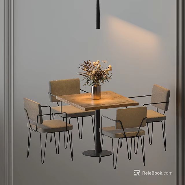 Modern Wooden Table And Chair Set With Four Light Gray Chairs And Vase Plants 3d model 