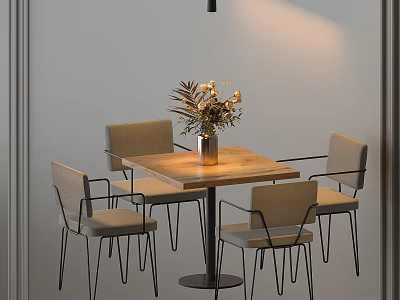 Modern Wooden Table And Chair Set With Four Light Gray Chairs And Vase Plants 3d model
